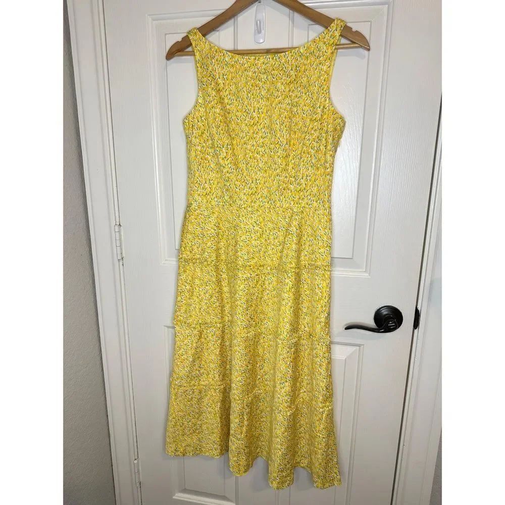 Y2K Liz Claiborne Yellow White Tulip Floral Print Tiered Ruffle Midi Dress Sz 6 - Picture 2 of 9